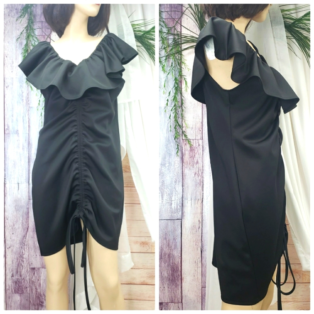 Black Rouched and Ruffled Cocktail Dress by Bloom Chic